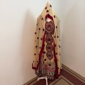 Beige & Maroon Embroidered Pakistani Dress with Dupatta